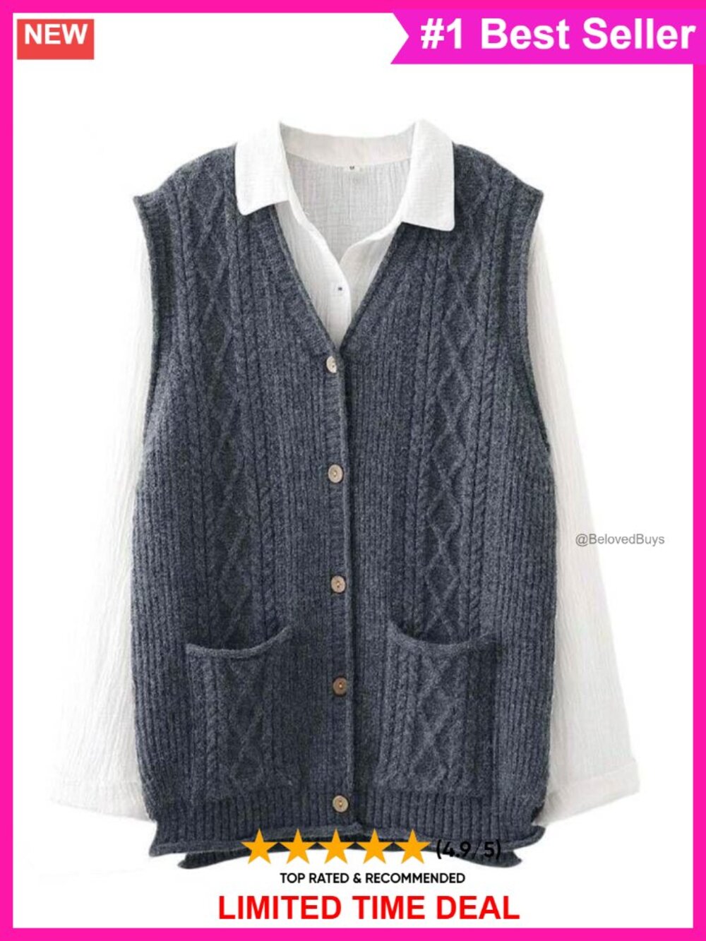 Sweater Vest Button Down Cable Knit Cardigan Sleeveless V-Neck Knit Tunic